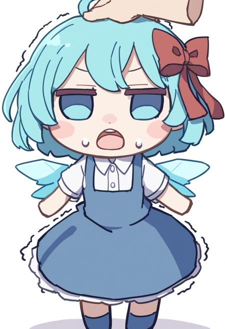 1girl, style:kame \(kamepan44231\), cirno, pov, headpat, ahoge, blue bow, blue dress, blue eyes, blue footwear, blue hair, blush stickers, bow, collared shirt, dress, fairy, fumo (doll), hair bow, ice, ice wings, open mouth, pinafore dress, red ribbon, ribbon, shirt, shoes, short hair, short sleeves, simple background, sleeveless, sleeveless dress, solo, standing, sweat, trembling, white background, white shirt, wings, <lora:Style - kame (kamepan44231) - v2 - bionagato>