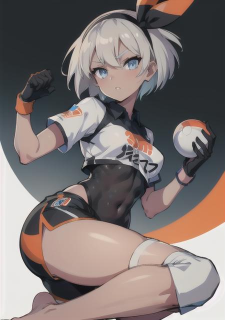 <lora:bea:0.7>, bea,1girl, solo, breasts, looking at viewer, short hair, bangs, blue eyes, shirt, gloves, holding, short sleeves, grey hair, hairband, parted lips, shorts, collared shirt, dark skin, feet, dark-skinned female, grey eyes, bodysuit, covered navel, toes, soles, black hairband, wristband, single glove, poke ball, black bodysuit, holding poke ball, tied shirt, knee pads, print shirt, bodysuit under clothes, dynamax band, print shorts, ultra ball