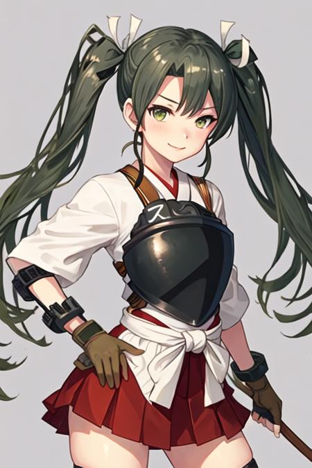 best quality, masterpiece, highres, solo, {zuikaku_kantaicollection:1.15}, long_hair, twintails, ribbon, hair_ribbon, green_hair, green_eyes, smile, white_ribbon, 1girl, japanese_clothes, muneate, bow_\(weapon\), gloves, looking_at_viewer, partially_fingerless_gloves, weapon, yugake, brown_eyes