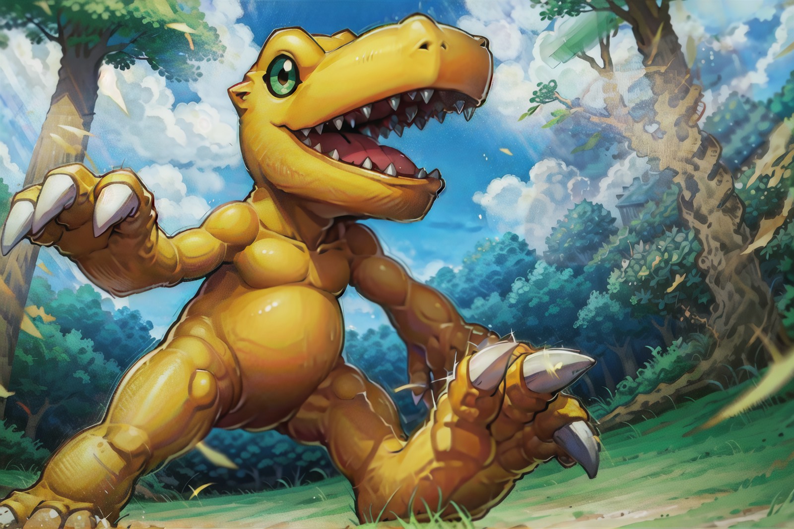 masterpiece, 8K, best quality,  agumon , in a forest, wide angle, very long shot <lora:Agumon:1>