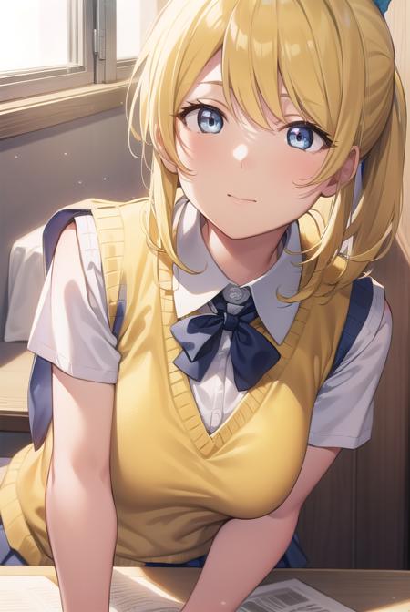 eliayase, <lora:eliayase-lora-nochekaiser:1>, 
eli ayase, yellow hair, blue eyes, ponytail, hair ribbon, 
BREAK otonokizaka school uniform, pleated skirt, school uniform, short sleeves, skirt, summer uniform, sweater vest, (yellow sweater vest:1.5),
BREAK looking at viewer,
BREAK indoors, classroom, 
BREAK <lyco:GoodHands-beta2:1>, (masterpiece:1.2), best quality, high resolution, unity 8k wallpaper, (illustration:0.8), (beautiful detailed eyes:1.6), extremely detailed face, perfect lighting, extremely detailed CG, (perfect hands, perfect anatomy),