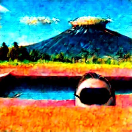Weirdcore conspiracy drawing, scizophrenic conspiracy post,  (drawing 1.6), 90VHS, ms paint style <lora:ms-paint-lora:1>, <lora:y2kaesthetic:0.7>, H1TLERPA1NT1NGS, Dark web, jumping off of a diving board, sunglasses, guitar, volcano, lava