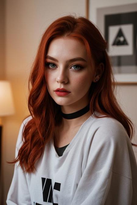 raw photo,  (25yo redhead girl:1.2), makeup, graphic eyeliner, rouge, (choker:0.9), realistic skin texture, oversize shirt, (red:0.8), softcore, warm lighting, cosy atmosphere, instagram style