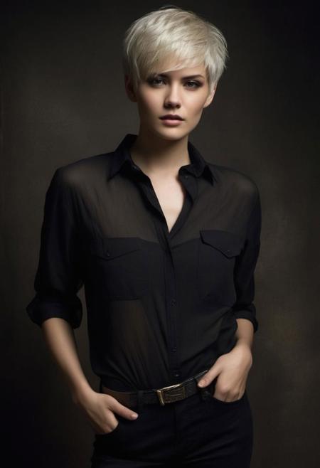 She has white pixie haircut, dark grey trasparent button shirt, open shirt, golden makeup , simple jewelry, realistic skin pores , light moles,
BREAK sexy, attractive , erotic, half body shot , flowing pose, sensual ,
BREAK low-key lighting photograph, in the style of photo shooting, chiaroscuro lighting,  textured background with vintage decoration , medium format photography, Kodak portra colors