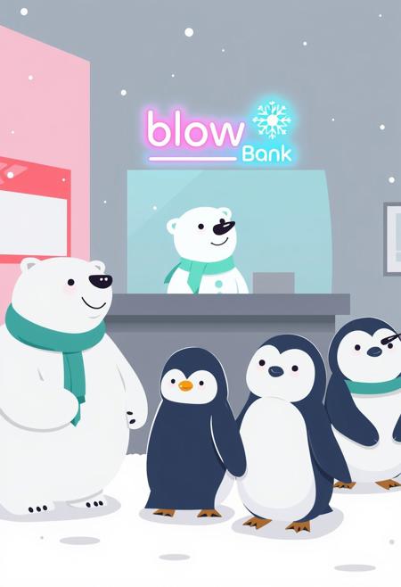 i11ustmin Illustration.
Polar bears and penguins, dressed in adorable miniature suits, are waiting patiently in line. The teller is a friendly snowman behind the counter. Above them, a neon sign reads "blow Bank" with a snowflake logo. The atmosphere is playful, with the animals displaying smiles and enjoying the snowy environment. <lora:minimalist_flat_illustration_nbm:1.0> <lora:schnell_v1.0:1.0><lora:798753124362995944:0>
