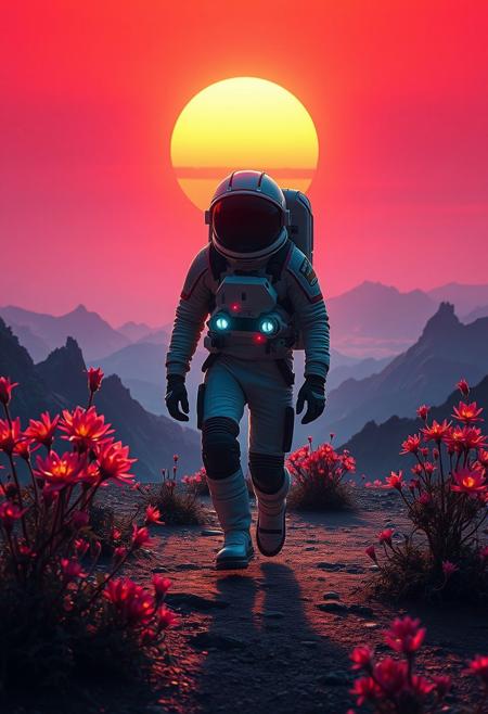 astronaut walking, alien planet, glowing sun, bioluminescent plants, surreal landscape, futuristic space suit, twilight sky, alien flora, jagged mountains, vibrant colors, dreamy atmosphere, science fiction, cosmic exploration, lone explorer, cinematic lighting,  captivating textures, shimmering highlights, monumental scale, fiery reds, stunning gradient, innocence and longing, wildflowers, celestial charts, reflective journey, surreal and fantastical world