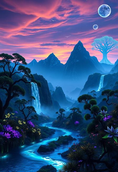 Imagine standing in the heart of Pandora’s most beautiful locale. Before you stretch the majestic Hallelujah Mountains, floating impossibly high, their verdant peaks cloaked in bioluminescent flora. Cascading waterfalls sparkle like liquid stardust as they tumble into the mist below.
In the foreground, a sapphire river meanders through a valley. Its waters glint with an iridescent glow, bordered by glowing plants whose colors shift from deep blues to bright purples. Occasionally, delicate, bioluminescent flowers sway in the gentle breeze, releasing a calming fragrance.
Towering ancient trees to your left are draped in phosphorescent moss, their dense canopies casting a twilight glow. Graceful banshees glide between the branches, adding life to the serene scene.
Above, the sky transitions from deep indigo to vibrant oranges and pinks, dotted with drifting bioluminescent orbs. In the distance, the Tree of Souls stands as an awe-inspiring silhouette, its glowing branches pulsating with a soothing light.
The air hums with a symphony of alien sounds—the rustling of plants, distant calls of fauna, and the gentle flow of water. This landscape of Pandora envelops you in a dreamlike serenity and otherworldly beauty.