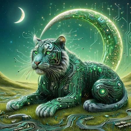 wm_cyber, score_9, score_8_up, score_7_up, score_6_up, score_5_up, score_4_up score_9,score_8_up, a realistic green Tiger made of circuits on a Grass Plains by circuits Crescent Moon