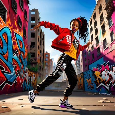 A photorealistic image of a young hip hop girl dancing with confidence in an inner city. Showcase her vibrant outfit and expressive movements against a backdrop of urban graffiti and tall buildings, capturing the energy and passion of street dance..