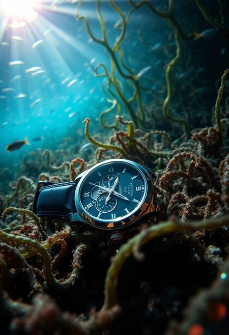Camera captures a mesmerizing underwater scene: a sleek luxury Tourbillon wristwatch lies on the ocean floor, surrounded by undulating seaweed and schools of iridescent fish. Sunlight filters down, casting an otherworldly glow on the watch's intricate mechanisms and elegant design. Shallow depth of field isolates the timepiece, while high-contrast colors - deep blues and greens - accentuate the sense of depth and realism.