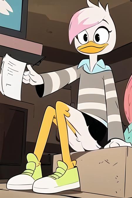 <lora:Lena_Sabrewing_V2:0.85><lora:cartoon_fanart_style:0.15>furry female, solo, white fur, multicolor hair, striped shirts, duck, beak, pink bang, cartoon fanart style, (masterpiece, best quality:1.4), slim teenage duck, white hair with the end being pink ,teal collared shirt, black long-sleeved shirt, light green laced shoes, yellow legs, (short legs), indoors, bed, windows, books, desk