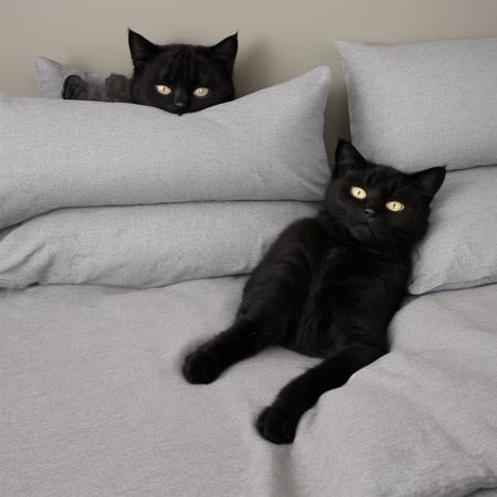 fluffy black cat sleeping between two pillows, humans are sleeping on the pillows but only their heads are visible, adorable, sprawled out cat, ((realistic)),