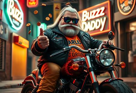 Buzz Daddy is a larger-than-life character with a Harley biker edge. His chubby, bulky build contrasts with his rugged style—dressed in a leather-studded corporate tracksuit with psychedelic accents, and a standout orange piece reading “The Road to Torino.” A buzz coin-shaped yogurt buckle and long, straight white hair complete his look. His thick, bushy Harley-style mustache and beard add a tough, custom flair, while his Ray-Ban Wayfarer goggles reflect the electric glow of neon signs. Buzz Daddy mischievously tosses stacks of Buzz coins, embracing his rebellious energy.
In this Harley custom scene, Buzz Daddy sits atop a roaring, custom Harley motorcycle, with the open road around him. The gritty alleyway setting is bathed in neon lights, adding to the vibe of freedom and adventure. His name, “Buzz Daddy,” is emblazoned in bold cinematic lettering on the side of his bike or a nearby glowing billboard, blending digital art with biker culture. The composition is surreal and playful, reflecting Buzz Daddy’s meme-driven persona, amplified by artistic influences from aidmafluxpro1.1, aidmaMJ6.1, and aidmahyperrealism, creating an unforgettable visual of his larger-than-life presence.