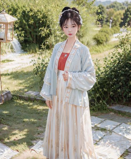 (8k, best quality, masterpiece:1.2), (realistic, photo-realistic:1.2), skyline, beautiful detailed sky,looking at viewer,perfect face, perfect eyes,(hanfu, song style outfits, 1girl,light blue short shan, white golden pleated skirt, (red songmo:1.1)),<lora:hanfuSong_v31:0.65>,<lora:taiwanDollLikeness_v10:0.1>,full body,(standing:1.1),pureerosface_v1,ulzzang-6500-v1.1