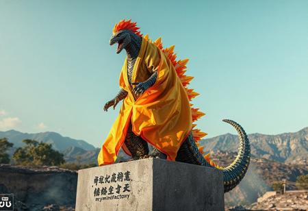 "Featured on Artstation, this 2019 myminifactory creation showcases a Mecha-inspired Godzilla, sitting atop a cement block, draped in golden oil and vibrant, gradient glass art (yellow to red), inspired by Uragami Gyokudō and Tōichi Katō. The character, with spiky orange hair, stands in a dynamic action pose. The high-res, 4K artwork boasts vivid emotions, sharp lines, stunning colors, and lifelike details. Rendered with Octane and Unreal Engine 5, it showcases captivating lighting, intricate details, and a powerful message. Trending on Artstation, this cinematic, hyperrealistic oil on canvas painting excels in photo realism, with 8K detail post-processing."