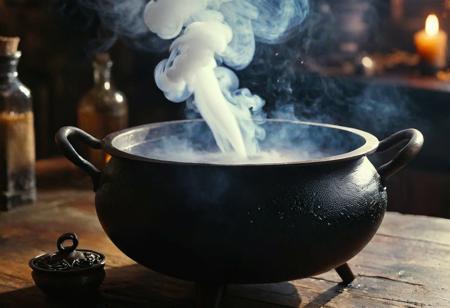 a bubbling cauldron's brew, essence of enchantment swirls, magic potion gleams, (mystical, fantasy, witchcraft, potion, dark, mysterious, eerie, smoke, fog, incantation, muted lighting, cauldron in focus, magical ambiance, shallow depth of field, atmospheric), volumetric lighting, cinematic