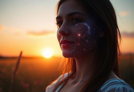 Close-up portrait of a woman standing in a lush summer meadow at sunset, with the galaxy contained within her silhouette. Soft, ethereal light illuminates her features, while a radiant aura surrounds her, blending seamlessly into the sky's warm hues. The stars and planets twinkle within her outline, as if the cosmos itself has taken refuge within her being.
