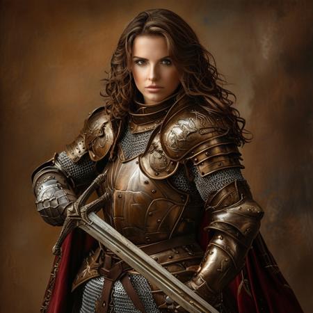 score_9, score_8_up, score_7_up, solo, 1girl, warrior queen, wavy brown hair, brown eyes, strong, surcoat, chainmail, armor, bronze armor, standing, sexy pose, fantasy background, detailed, masterpiece