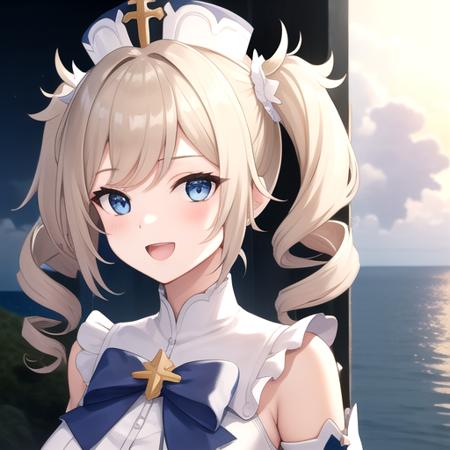 ((masterpiece)),(best quality),official art,extremely detailed CG,unity 8k wallpaper,ultra detailed,A lighthouse on a cliff by the sea,1girl,solo,upper body,(portrait:1.2),looking at viewer,twintails,;d,blue_eyes,long_hair,white_dress,white_pantyhose,blonde_hair,star_\(symbol\),hat,twin_drills,drill_hair,bangs,latin_cross,blue bow,hair_ornament,frilled_dress,long_sleeves,bare_shoulders,white_headwear,detached_sleeves,medium breasts,<lora:Barbara(gen)>,