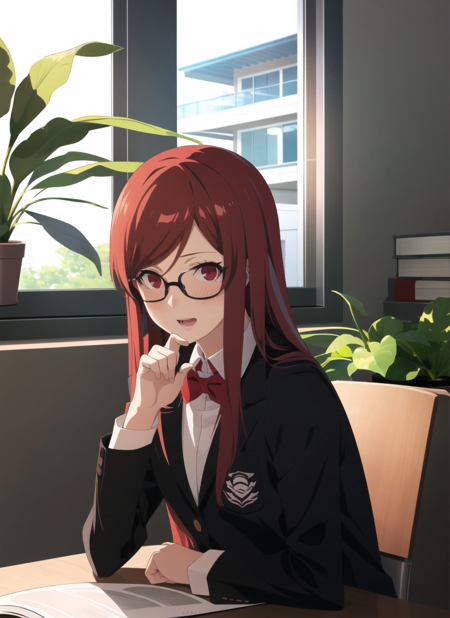 persona5 anime style,  portrait of dskasumi,  yoshizawa kasumi, 1girl, backlighting, black-framed eyewear, black jacket, blush, book, breasts, chair, glasses, jacket, long hair, long sleeves, looking at viewer, open mouth, plant, potted plant, red eyes, red hair, school uniform, shuujin academy school uniform, sitting, small breasts, solo, swept bangs, window, ((masterpiece)) <lora:dskasumi_e4:0.75>   <lora:persona5_anime_style_offset:1>