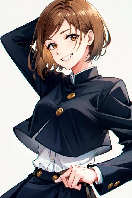 <lora:nobara:1> kugisaki nobara, brown eyes, looking at viewer, school uniform, jacket, teeth,  smile, grin,upper body, solo,long sleeves, black jacket, brown hair, 1girl, short hair