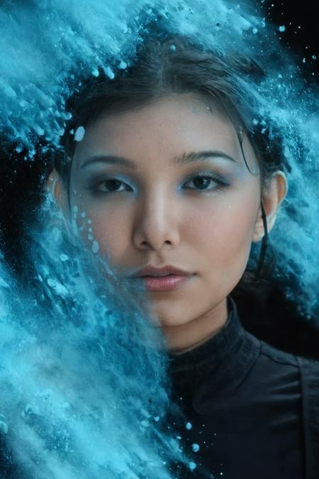 ice blue color splash, black background <lora:colorSplash:1> <lora:katara:1> katara, Kiawentiio . 35mm photograph, film, bokeh, professional, shot by richard renaldi, 4k, highly detailed