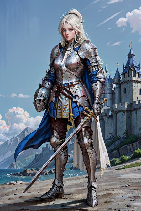 (masterpiece:1.2, best quality), (photorealistic:1.2, intricate details), Sword_Helm, 1girl, solo, looking at viewer, holding, standing, full body, weapon, sword, cape, holding weapon, armor, ((holding sword)), helmet, shoulder armor, gauntlets, headwear removed, pauldrons, breastplate, vambraces, cape, greaves, knight, full armor, helmet removed, ((holding helmet)), plate armor, outdoor, ((castle background)) <lora:Sword_Helm:0.6>