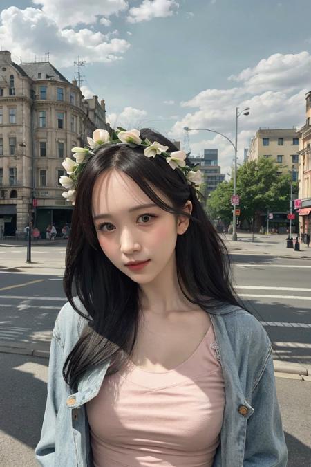 1girl, a young woman, upper body, (looking at viewer:1.3), (schoolgirl jacket), (flower crown), (beautiful city, beautiful sky background), natural skin color, (closed mouth:1.2), (medium breast), floating hair, beautiful expression, face detailed, eyes detailed, iris detailed, masterpiece, best quality, photorealistic, hyper realistic, ultra detailed, perfect lighting, depth of field, shadows, highres, <lora:sayhello0o-v1-twicemina:1>