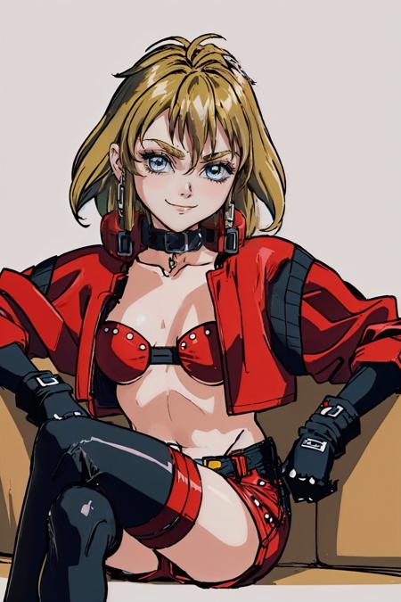 naomi armitage red jacket cropped jacket red shorts thighhighs gloves choker jewelry earrings