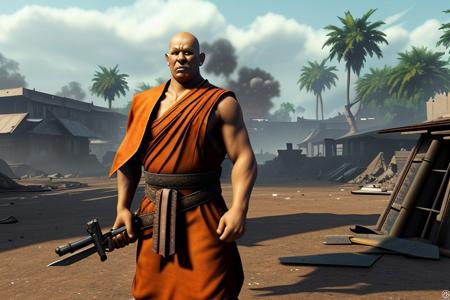 a monk with weapons and warzone  background