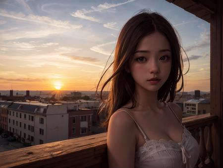 (best quality, masterpiece:1.2),ultra detailed,(photo realistic:1.4),20yo,solo,cute girl,sunset_scenery_background, <lora:SunsetScenery_v1:0.6>,