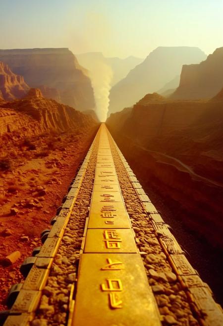 ()Hyoer Realistic, full color:2.0) depicting  
(The Grand Canyon’s Bright Angel Trail, Arizona 🇺🇸:2.0:)
BREAK
()Hyoer Realistic:2.0)Polaroid picture of A futuristic, neon-lit table, adorned with ancient Egyptian hieroglyphics and symbols. The album cover, designed by Shusei Nagaoka, features a gleaming, metallic pyramid at its center, surrounded by swirling patterns of gold and lapis lazuli. The band's name, Earth, Wind & Fire, is emblazoned in bold, futuristic letters, while the album title, 'Kemetic Odyssey,' is written in hieroglyphics.  BREAK ()Hyoer Realistic:2.0)Polaroid picture oThis is the 1,813-kilometer-long Haoji Railway Bridge in China. It is the longest railway bridge in the world, the bridge is used for the transportation of coal. The total cost was around 28 billion US dollars. It was built to transport 200 million tons of coal from Inner Mongolia and Shanxi to the southern provinces of China. It is a heavy rail system with 1435 gauge tracks The railway is also China's first north-south railway that is dedicated to coal, and is built to avoid existing coal transportation routes that pass through coastal cities by boat. The line reduces transit time from 20 days by sea to just 3 days by rail. The line connects with existing railways at several points to share maintenance facilities. The design speed of the railway is 120 kilometers per hour. It is operated by China Railway.