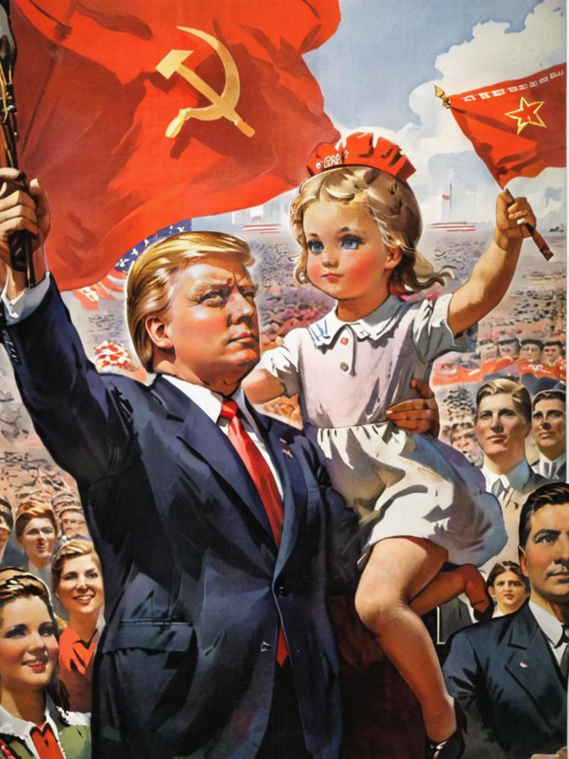 A painting of a man holding a little girl with a red flag.