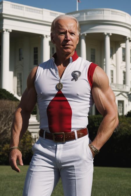 fantasy portrait| powerful and heroic| dramatic, with strong shadows and highlights| dynamic composition, emphasizing the figure's muscular physique| iconic White House as the backdrop| vibrant colors with a mix of red, white, and blue| donning He-Man's attire with Joe Biden's face| hyperrealistic style with detailed textures and intricate details| (Joe Biden)+ transformed into He-Man, standing confidently in front of the White House, sporting a mullet and belts across his chest, with dreamy, oily and shiny skin, reminiscent of an empire's style <lora:Elixir:0.5>