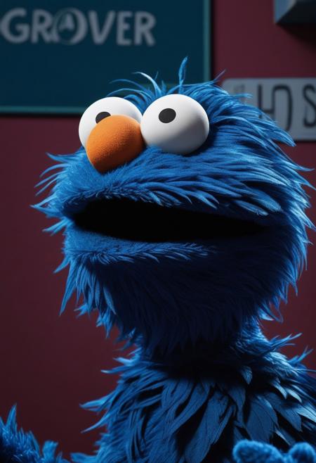 Grover, Sesame Street as a background Masterpiece, Best Quality, flat, Manga Scan, Anime, cinematic lighting, drawn Art, by Studio Trigger, clip studio paint, Anime Wallpaper, Deep Color, Cel-Shaded