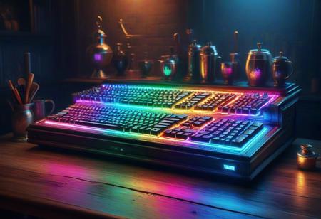 A renaissance painting of an RGB keyboard,
high quality, high resolution, extremely detailed, neon lights, on desk, painterly, faux traditional media, realistic,
