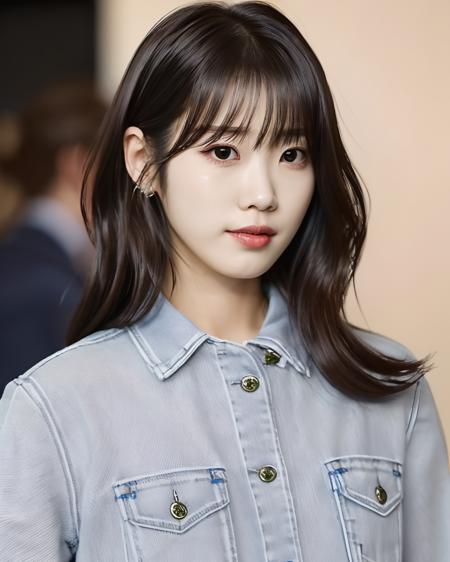 best quality, IU, 1girl, solo, long hair, looking at viewer, brown hair, black hair, jewelry,dress, upper body, mole, black eyes,  denim, freckles, jeans, realistic, blurry background,  <lora:IU_idol_v3_origin:0.6>