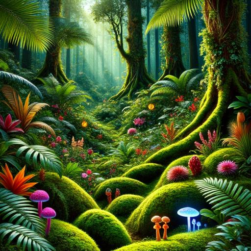 very lush and green, vibrant colours, ferns and some mushrooms around, mixed tropical and northern hemisphere forest plants, also imaginary plants, magical forest with magical plants