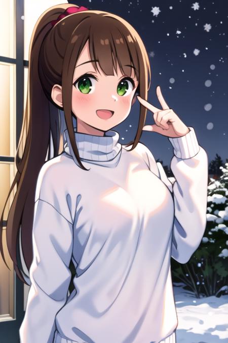 masterpiece, best quality, <lora:honshou_aru:0.7> honshou_aru, 1girl, solo, green eyes, , brown hair, long hair, ponytail, looking at viewer, smile, open mouth, sweater, turtleneck, snowing, outdoors, night,