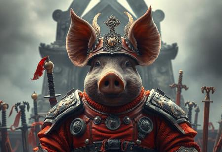 "Intricately depicting a formidable pig in a vivid red and orange suit of armor, this 4K image showcases an array of weapons and armor surrounding the armored pig. The dark gray altar of mist in the background provides a stark contrast to the colorful foreground. The overall composition invites the viewer to imagine the narrative behind this detailed, hyper-realistic, masterpiece, featuring sharp details, vivid emotions, and a joyful impact. Trending on ArtstationHQ, this stunning artwork is a must-see, showcasing exceptional quality, harmonious colors, captivating lighting, and flawless rendering."