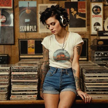 wide shot, 35mm, f/1.8, in a record store.
Chicago Record Store Owner,  Vintage shop, recommending vinyls, feisty punk rock girl, short spiky black hair with a blonde streak, perky boobs, petite , soft brown eyes, tight fitting graphic band tee, jeans shorts, great legs, vintage sneakers. Tattoos. Headphones on. Dancing. Messy hair. Film scene, where the shop owner is digging through crates with records, her eyes focused on the records, pulling out record covers, looking down, side view. smoking a cigarette.
low contrast, soft lighting, warm lighting, insanely detailed, cinematic film still, cover, high definition, highest resolution, UHD, vivid, JuggernautNegative, OverallDetail,