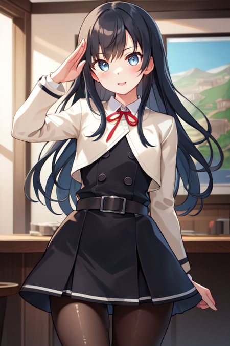 asashiokainiKC, 1girl, solo, long hair, shirt, thighhighs, long sleeves, ribbon, school uniform, neck ribbon, pinafore dress,