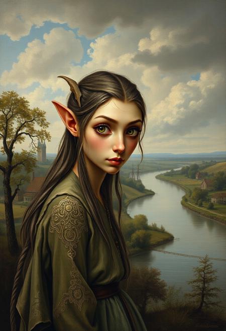 (masterpiece, best quality), a dryad with oddly colored eyes., serene landscape painting, Dutch countryside, naturalistic and harmonious, muted earthy colors, soft light, detailed trees and water, expansive skies, realism with pastoral charm, winding rivers, quiet villages, calm and timeless atmosphere, beauty of rural life