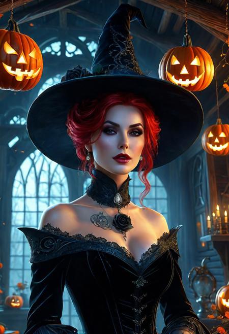 Ultra detailed digital art masterpiece, face portrait, mysterious dark Witch woman, a cute magical creature like a Witch standing in the Shack, realistic black rose, ultra detailed Witch's Mysterious Shack, in year 1880, victorian style, Halloween decorations including pumpkins, rose flower style, white marble, old dark solid wood, victorian decals, perfect lighting, elegant, Tom Bagshaw, Anne Bachelier, unreal engine 5 nanite quality, mixed with dark elements, dark environment, very dark night, clean dark velour witch clothing, dark washed out eyeliner, no make up, natural pale face, nose piercing, abstract, big shiny brown eyes, ultra detailed atmospheric details, beautiful glowing effects, sparkle effects, realistic body proportions, beautiful face proportions, complex masterpiece, wild red hair style, creative glowing detailed tattoos, complex physics, enhanced colors, complimentary colors, ultra detailed raytracing reflections, Ultra detailed complex background, environment feels alive, direct eye contact, dramatic lighting, wet and sweaty skin, beautiful firm Breasts, Concept art portrait by Greg Rutkowski