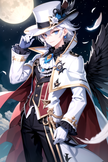 <lora:LassIsolet-03:0.7> ,lassgc, solo, looking at viewer, smile, blue eyes, gloves, long sleeves, 1boy, hat, hair between eyes, jewelry, jacket, flower, white hair, male focus, earrings, outdoors, frills, wings, sky, pants, cloud, white gloves, hand up, cape, ascot, night, white headwear, formal, moon, white jacket, feathers, frilled sleeves, brooch, building, night sky, feathered wings, full moon, black wings, top hat, adjusting clothes, clock, hat flower, hand on headwear, adjusting headwear, tower, black feathers, clock tower