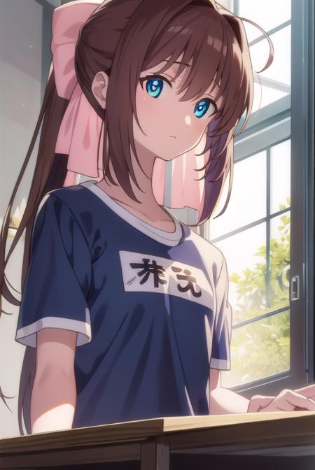 otomeasakura, <lora:otomeasakura-lora-nochekaiser:1>,
otome asakura, long hair, brown hair, bow, ahoge, hair bow, pink bow, blue eyes,
BREAK gym uniform, buruma, red buruma,
BREAK looking at viewer,
BREAK indoors, classroom,
BREAK <lyco:GoodHands-beta2:1>, (masterpiece:1.2), best quality, high resolution, unity 8k wallpaper, (illustration:0.8), (beautiful detailed eyes:1.6), extremely detailed face, perfect lighting, extremely detailed CG, (perfect hands, perfect anatomy),