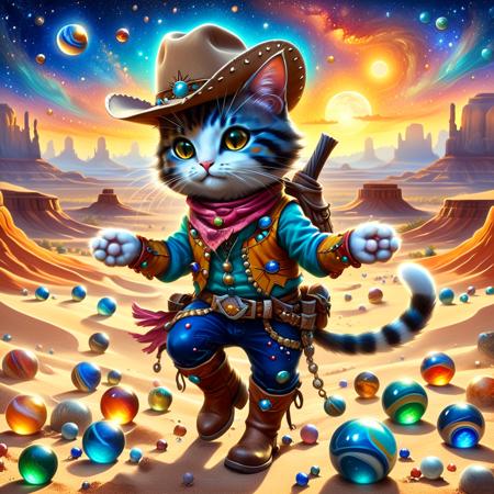 ethereal fantasy concept art of  <lora:Marbles_World_r1:1> a cat playing with marbles in a desert,  colorful marbles spread on the sandy floor, the cat is wearing a cowboy outfit, cowboy hat and boots, western scene, western movie  <lora:Meowpocalypse:0.8> meowpocalypse, no humans, cat,  . magnificent, celestial, ethereal, painterly, epic, majestic, magical, fantasy art, cover art, dreamy