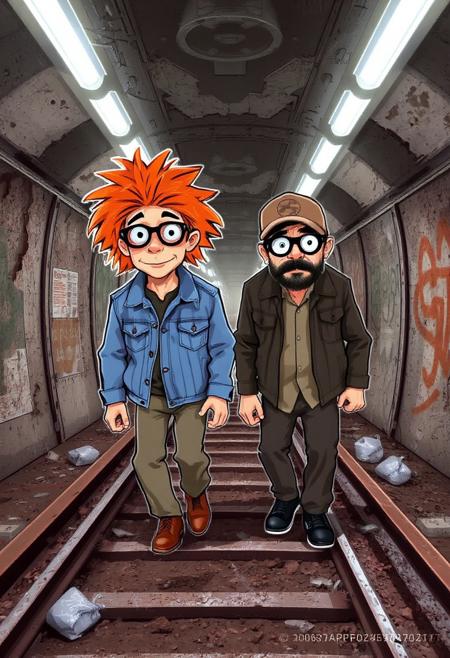 YFG-TTVHUD3 Whimsical subway cartoon: Illustrate two eccentric homeless individuals - 'Ginger' with his signature bright orange wig and threadbare denim jacket, and 'Morty' with his perpetual five o'clock shadow and faded baseball cap - as they stroll along an abandoned underground rail track, the crumbling concrete walls and rusty rebar forming a surreal backdrop. Incorporate vibrant graffiti, flickering fluorescent lights, and scattered trash bags to capture the gritty urban atmosphere.