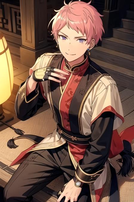 <lora:ShuItsuki-07:0.8>,shu_es, solo, looking at viewer, smile, short hair, gloves, long sleeves, 1boy, jewelry, sitting, purple eyes, tail, pink hair, male focus, earrings, boots, black gloves, pants, fingerless gloves, black footwear, bracelet, chinese clothes, tassel, lantern, stairs