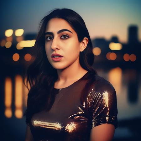 (SaraAliKhan) <lora:SaraAliKhanSDXL:1> , , photograph, Stressed Girl, Diplomat, wearing Sharp Tudor Wood Bronze Sequin top, at Blue hour, Beautifully Lit, film grain, Polaroid, Low shutter, art by Dan Mumford, (art by Ross Draws:0.9)